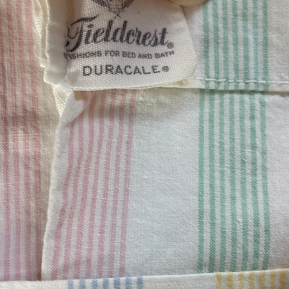 Vtg Fieldcrest Twin Flat Fitted Sheet Set Pastel Candy Stripe‎ Mitered Corners
